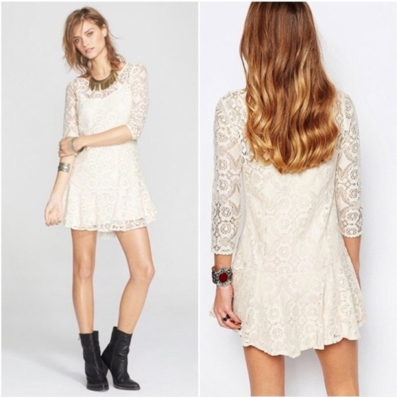 Free People Dresses & Skirts - Free People Walking to the Sun Cream Lace Mini Dress Size 10 Boho Drop Waist